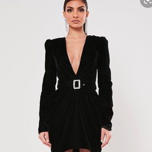 Velvet Plunge Belted LS Mini Dress